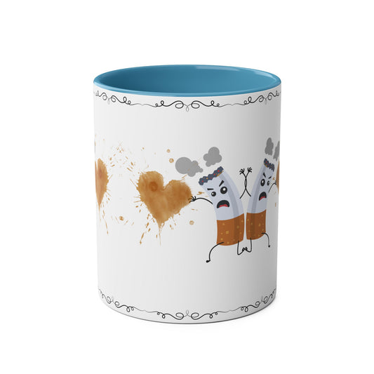 Cute Two-Tone Coffee Mug with Funny Coffee Characters - 11oz Heart Design for Coffee Lovers